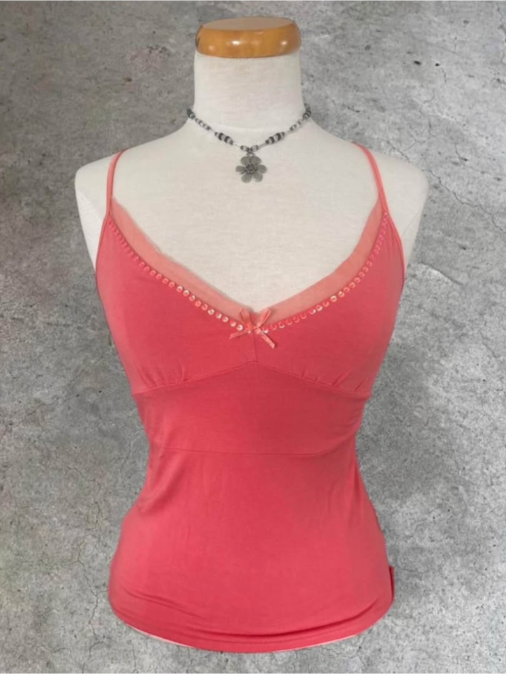 Women's Coral Spaghetti Strap Cami with Mesh Trim